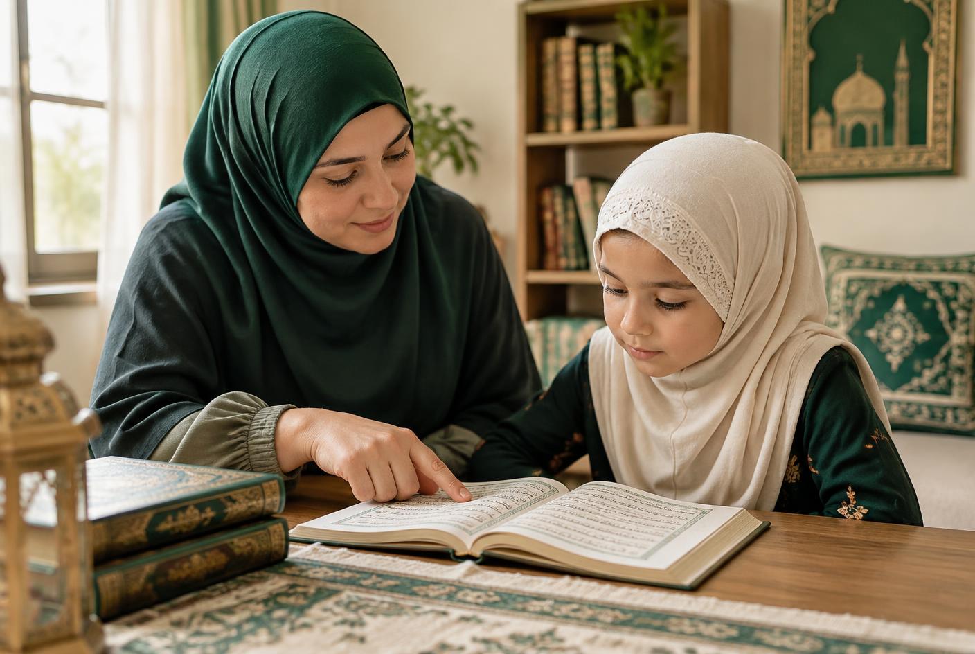A teacher gently guiding a young Quran student