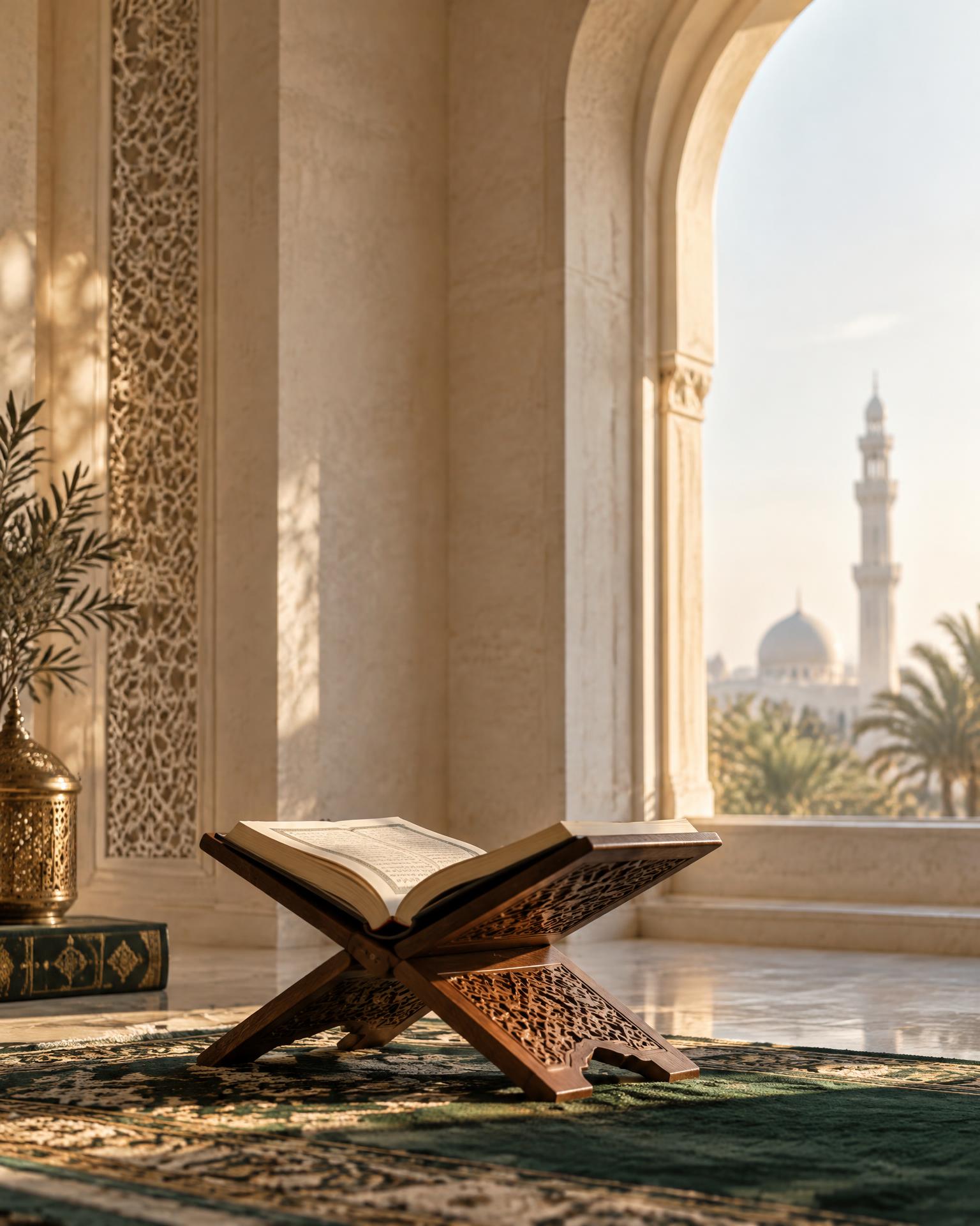 An open Quran resting on a carved wooden stand in warm morning light